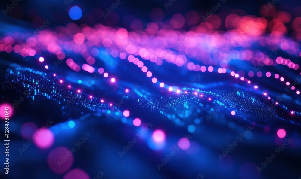 Poster abstract glowing bokeh lights in vibrant shades of blue and pink scattered dynamically on a dark bac