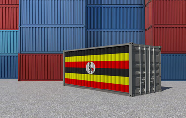 Uganda Flag on a shipping container in a container yard - 3D Illustration