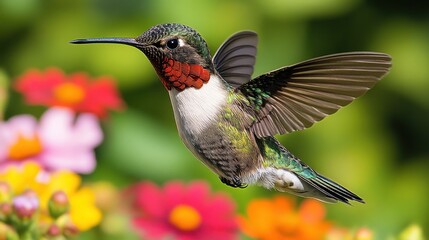 Fototapeta premium Ruby-throated hummingbird hovering, garden, flowers, blur, nature, wildlife, poster