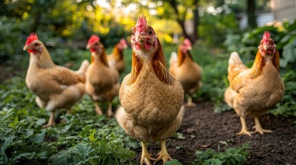 Fototapeta premium Rural chickens in a garden, curious, sunset