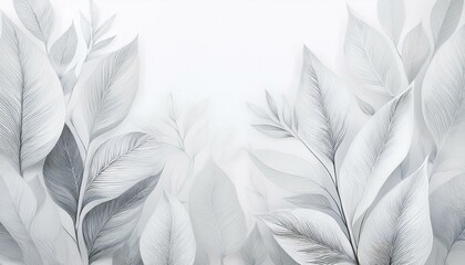 a serene floral nature scene with white plant and flower leaves along the edges illustrated in abstract form with soft textures through light gray and white watercolor painted leaf outlines and