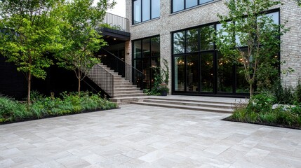 Modern Courtyard Patio with Trees and Steps