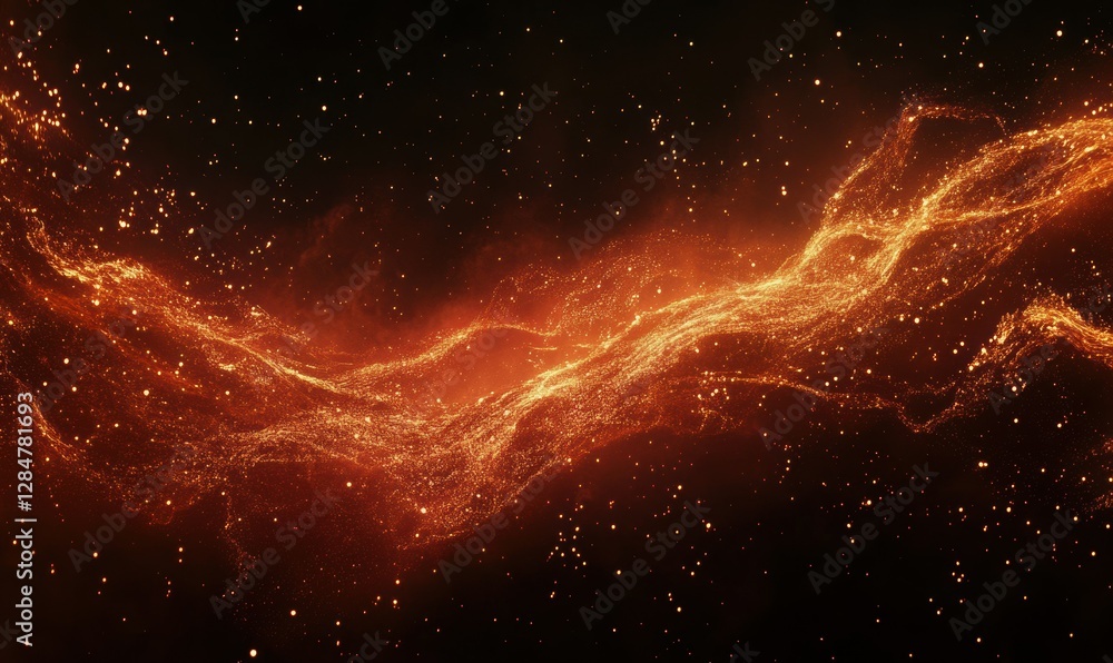 Poster abstract glowing red and orange light waves moving dynamically across a black background, creating a