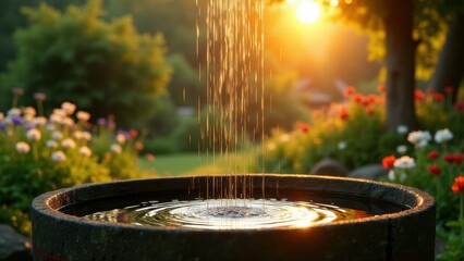 Rain Barrel, A front-view rain barrel in a garden at sunset water droplets glistening surrounded by flowers mossy stones in 8K UHD.