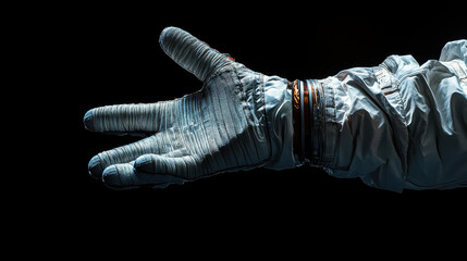 A single astronaut's gloved hand reaches out into the void, the details of the space suit visible against the stark black background