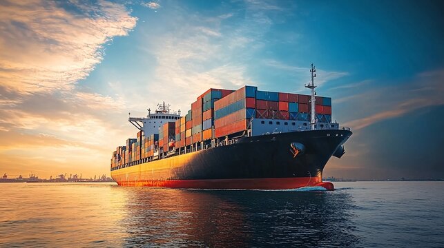 Majestic container ship sailing at sunset on calm ocean waters. Dramatic clouds and golden sunlight illuminate the scene, showcasing the scale and grandeur of global maritime trade and transportation.