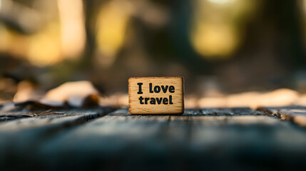 A small wooden label with the words "I love travel" written on it
