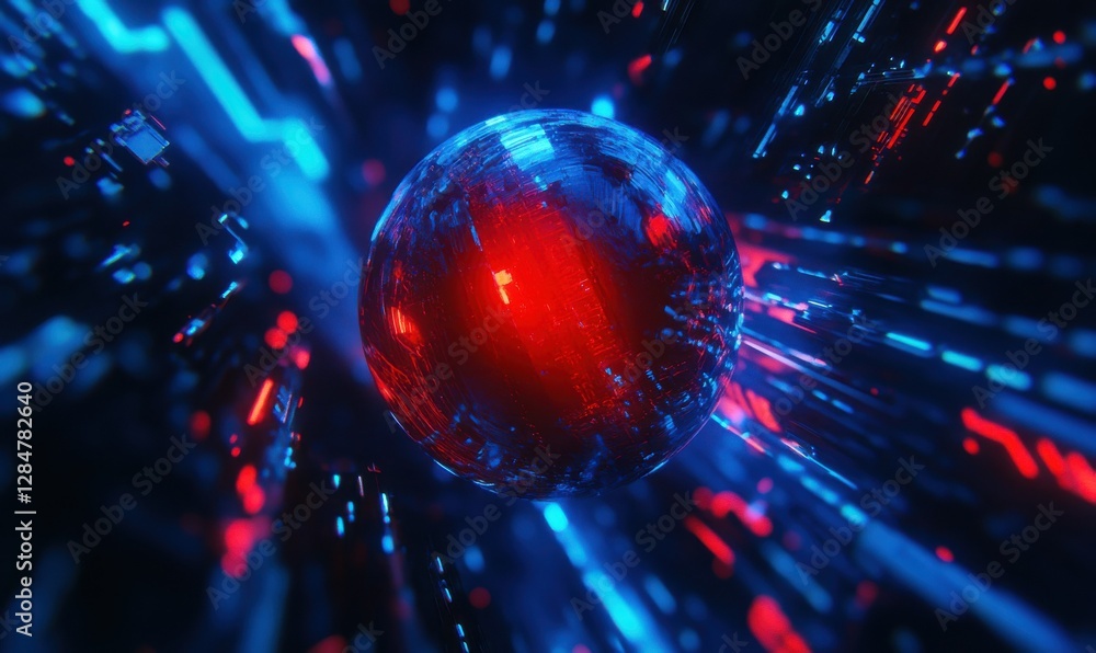Poster abstract digital rendering of a glowing red globe surrounded by dynamic blue data streams, futuristi