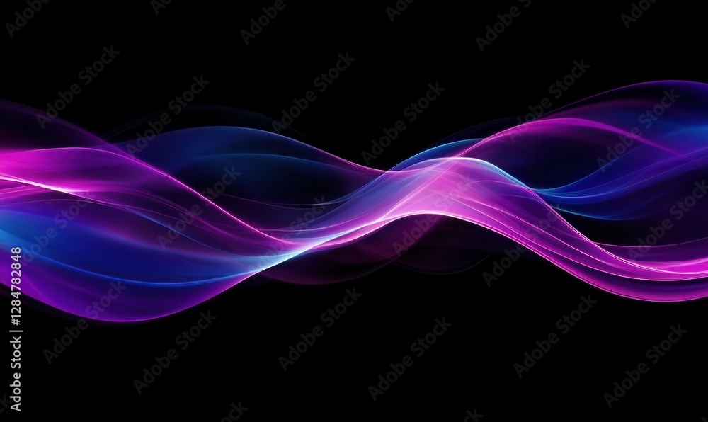 Poster abstract glowing wave pattern in vibrant purple and blue tones on a dark background, smooth lines cr