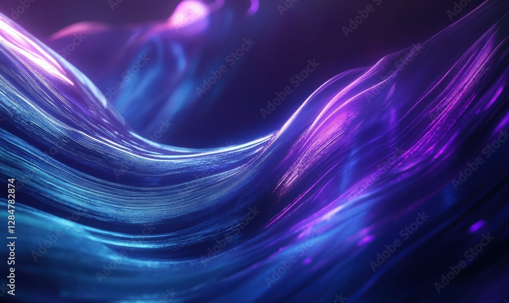 Poster abstract rendering of flowing blue and purple light ribbons forming dynamic waves against a dark fut