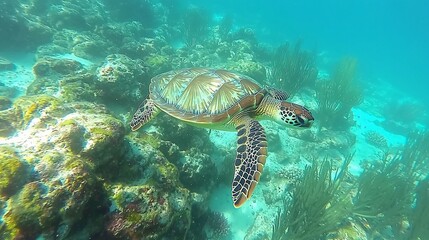 Obraz premium Underwater sea turtle swimming near coral reef.