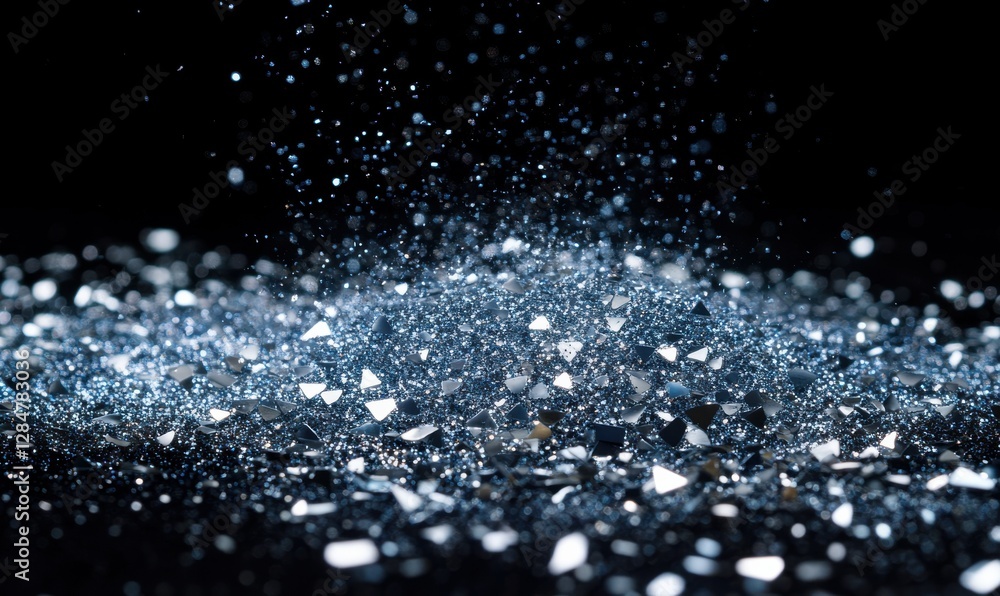 Poster abstract shimmering blue and silver particles scattered across a dark background illuminated by soft
