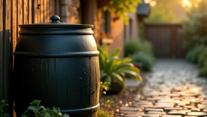 Obraz premium Rain Barrel, A rain barrel against a rustic fence during golden hour with hyper-realistic textures in 8K UHD.