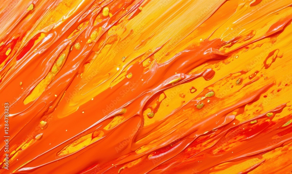 Poster abstract splatter of bright orange and yellow paint, dynamic motion and bold color creating an artis