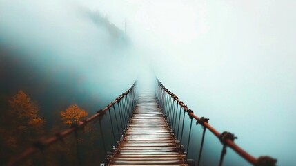 Fototapeta premium A lengthy wooden bridge traverses a dense forest shrouded in mist, surrounded by towering trees on either side
