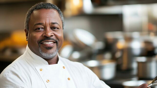 A smiling middle-aged African American man wearing a chef's jacket, exuding warmth and confidence in a professional kitchen environment. Perfect for culinary themes.