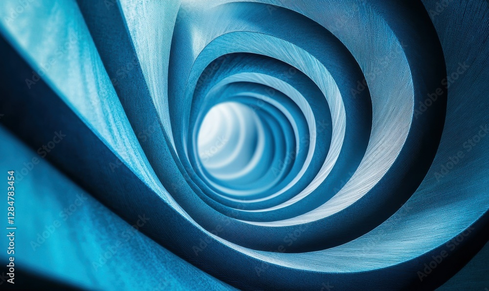 Poster abstract swirling patterns in shades of deep blue and turquoise, illuminated by soft light creating 