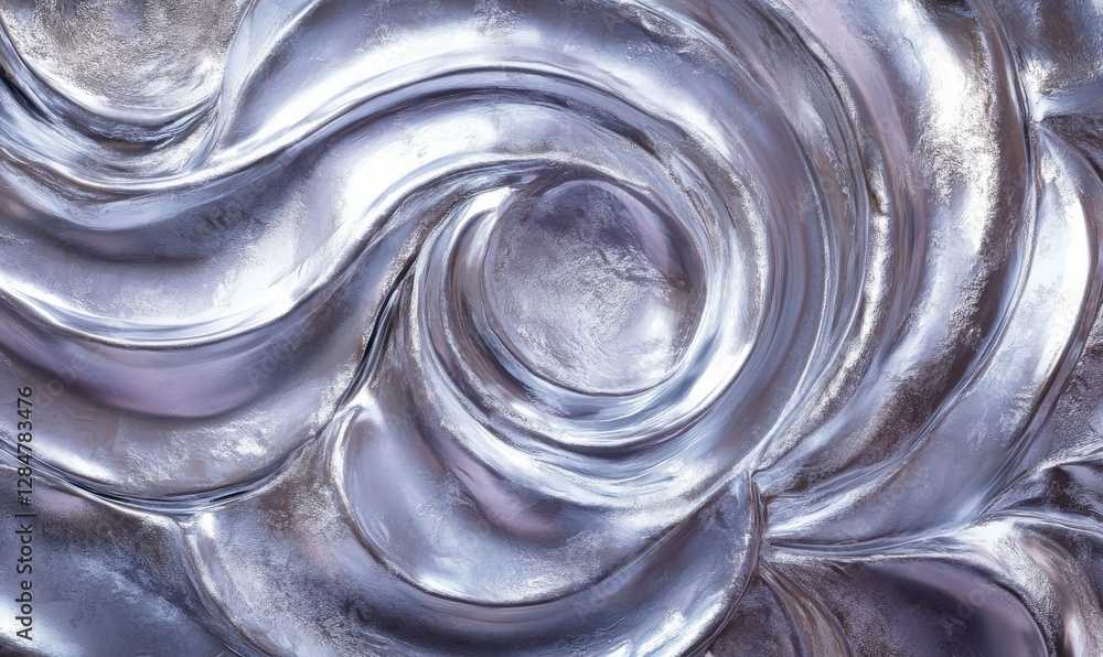 Poster abstract swirling metallic textures in shades of silver and purple illuminated by soft light creatin