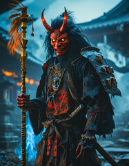 Obraz premium Red Devil Japanese Oni demon with red skin and glowing yellow eyes, misty ruins of an ancient Japanese temple at night, jagged ivory horns, samurai Armor, Japanese folklore mythology