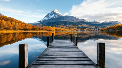 Naklejka premium Wooden dock on lake with autumn foliage and snow-capped mountain in background