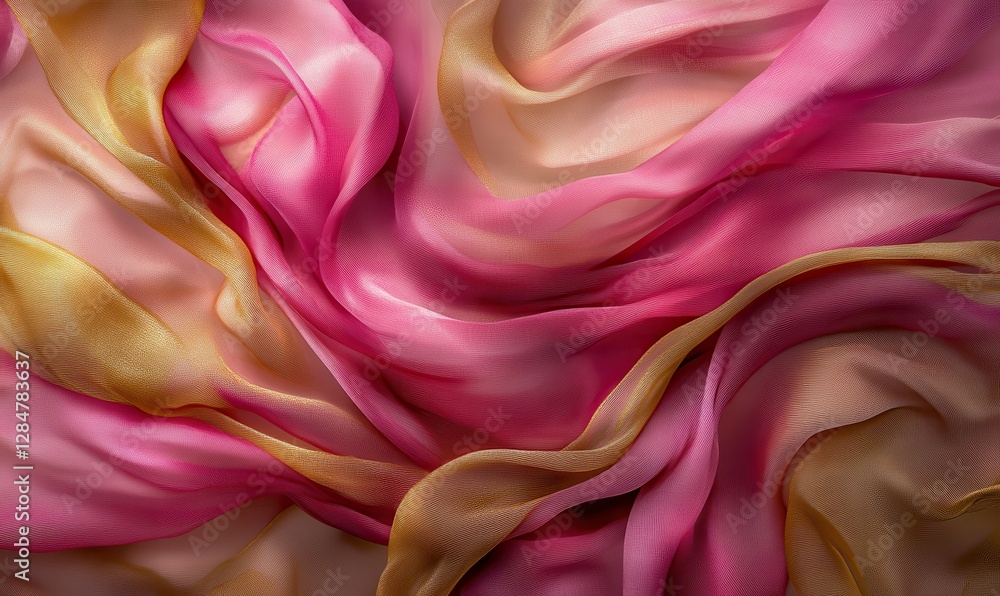 Poster abstract swirls of pink and gold fabric flowing dynamically, illuminated by soft light creating a lu