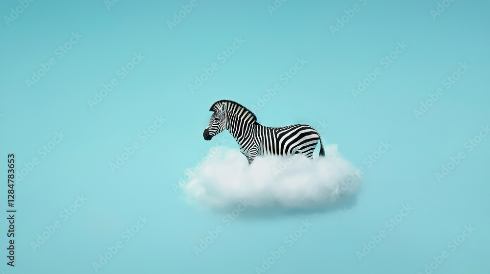 Wall mural   A zebra perched atop a cloud amidst a blue sky against a backdrop of pale green