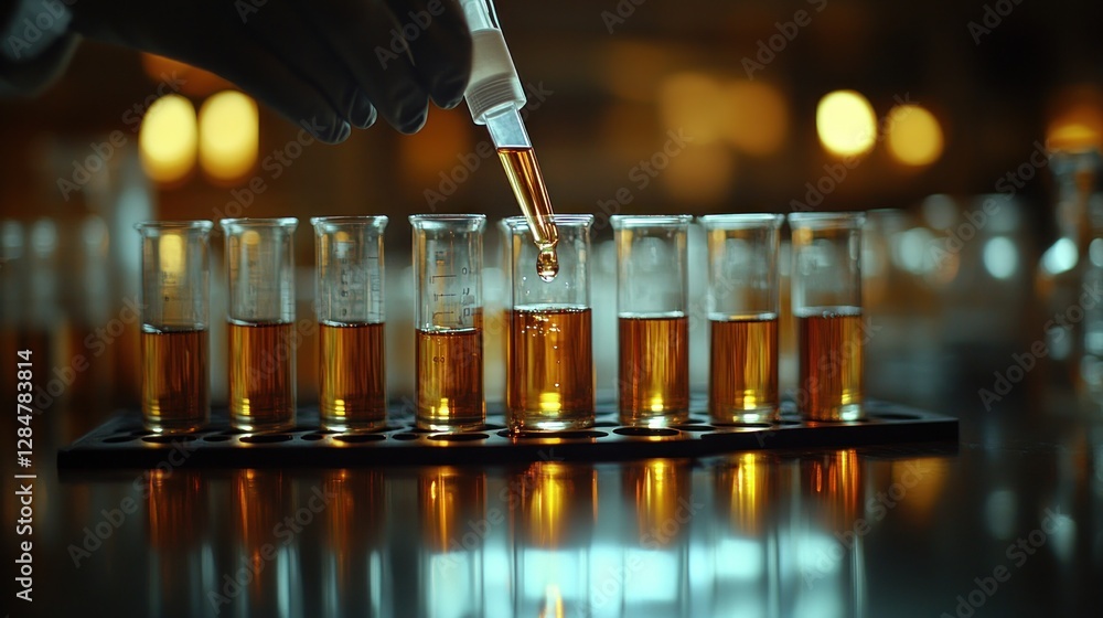 Poster scientist adding liquid to test tubes in laboratory