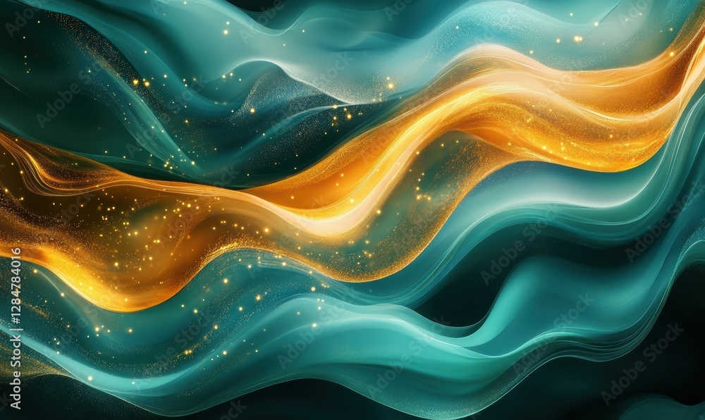 Poster abstract waves of gold and teal light blending harmoniously, illuminated softly to create an elegant