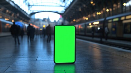 Modern Smartphone with Green Screen Mockup at a Busy Train Station