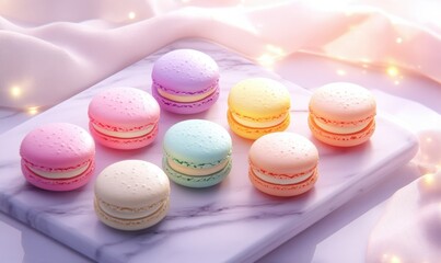 Obraz premium Artistic flat lay of pastel-colored macarons placed neatly on a marble tray, soft glowing light adding charm and clarity, evoking elegance and sweetness,