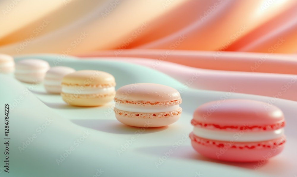 Poster artistic flat-lay of colorful macaroons arranged neatly on a soft pastel background, illuminated by 