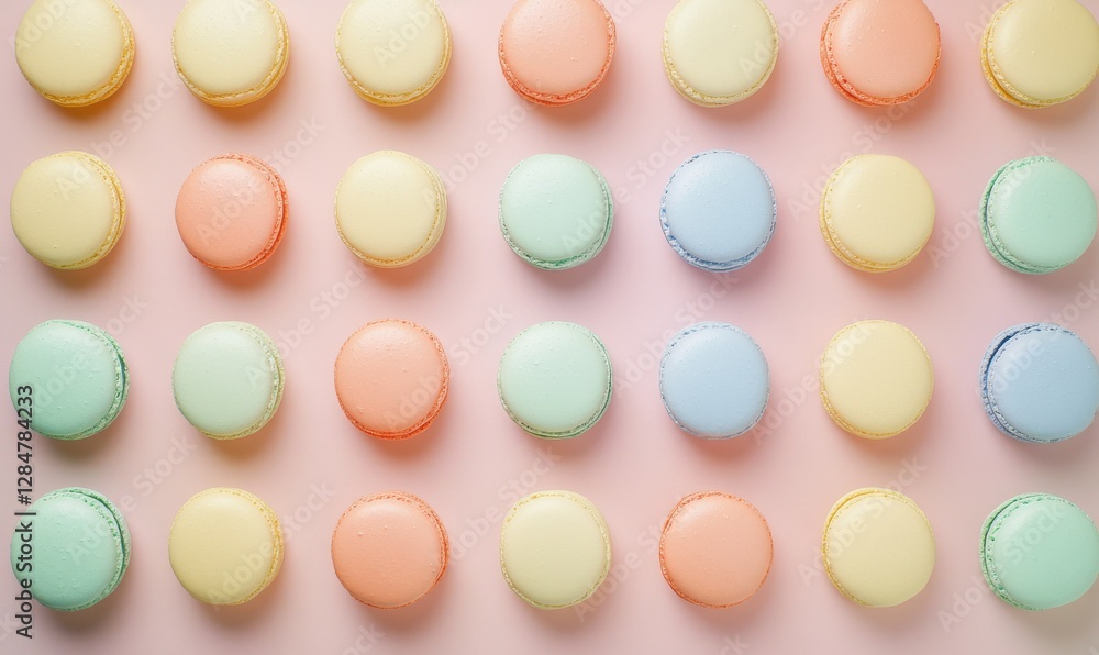Poster artistic flat-lay of colorful macarons arranged in a neat grid on a pastel background, illuminated b