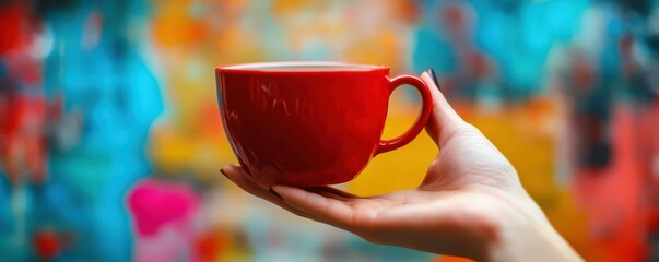 Hand holding red cup against vibrant multicolored background