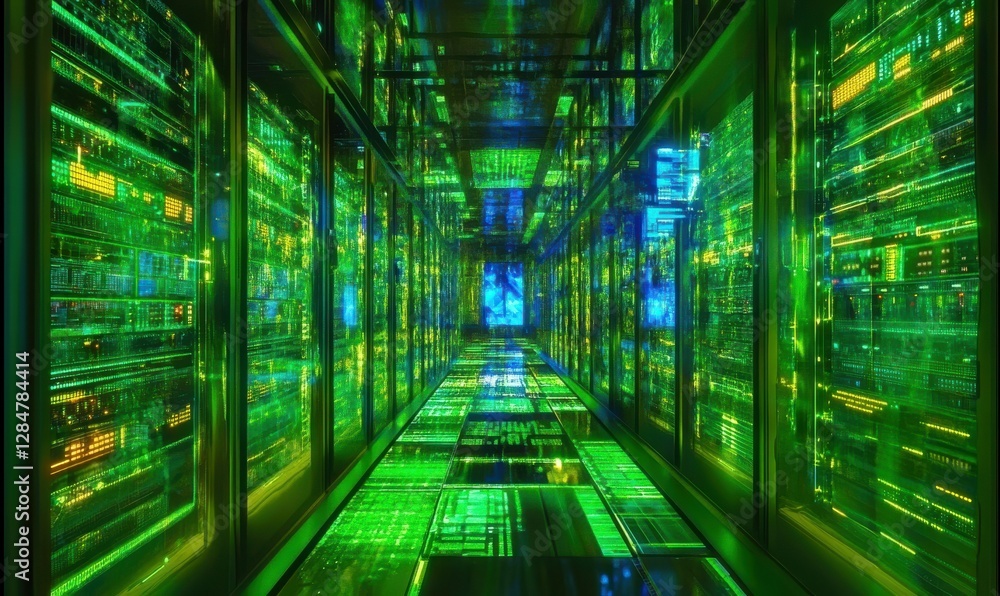 Poster advanced server room filled with glowing green and blue racks, illuminated by soft ambient light in 