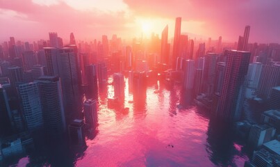 Obraz premium Aerial view of a modern cityscape surrounded by floodwaters glowing under a surreal pastel sunset. Dynamic tones emphasize drama,