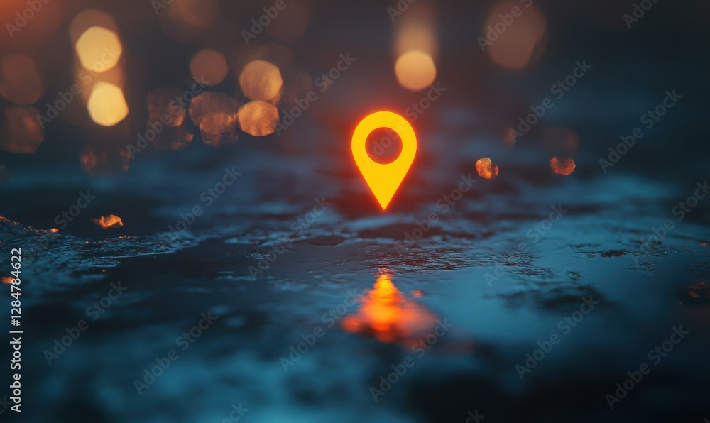 Poster artistic glowing location pin hovering over a smooth abstract surface, symbolizing digital precision