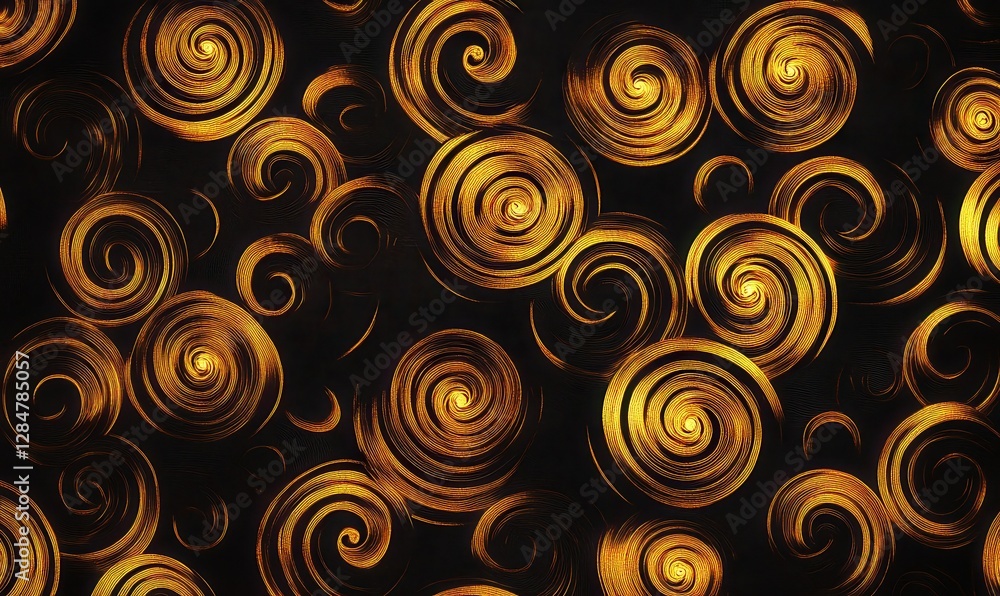 Poster artistic abstract pattern of glowing golden swirls against a black backdrop, illuminated softly for 