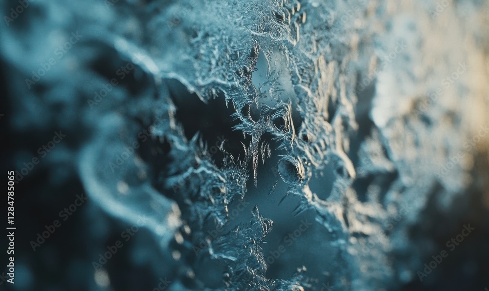 Poster artistic macro shot of intricate frost patterns forming on a glass window. cool tones and crisp text