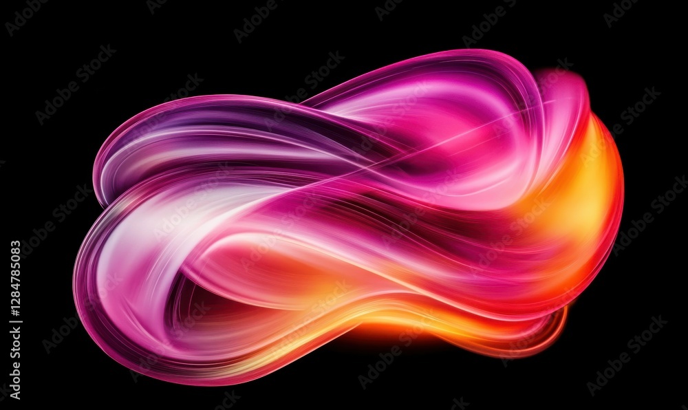 Poster artistic abstract patterns of glowing neon pink and orange trails forming dynamic swirls against a s