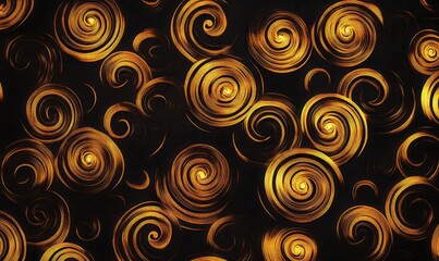 Fototapeta premium Artistic abstract pattern of glowing golden swirls against a black backdrop, illuminated softly for a dynamic and elegant aesthetic
