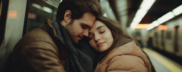 Obraz premium Young couple embracing on subway platform with warm clothing and peaceful expressions