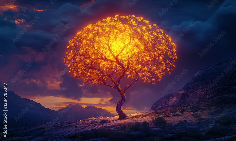 Poster artistic rendering of a glowing neuron tree, symbolizing the fusion of biology and technology in a s