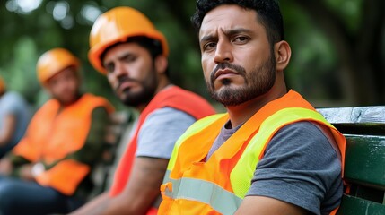 Fototapeta premium A group of unemployed workers sitting on a park bench, looking lost