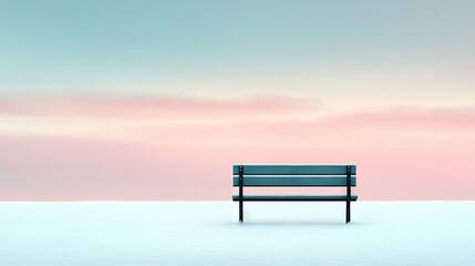   A bench sits amidst a snowy field under a pink sky background