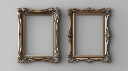 Pair of Elegant Gold Ornate Picture Frames on Gray Background