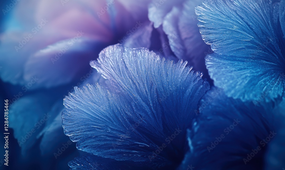 Poster artistic close-up of frosty window patterns illuminated by soft blue light, capturing intricate icy 