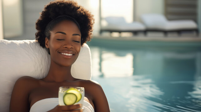Relaxed woman enjoying a refreshing cucumber drink by the pool