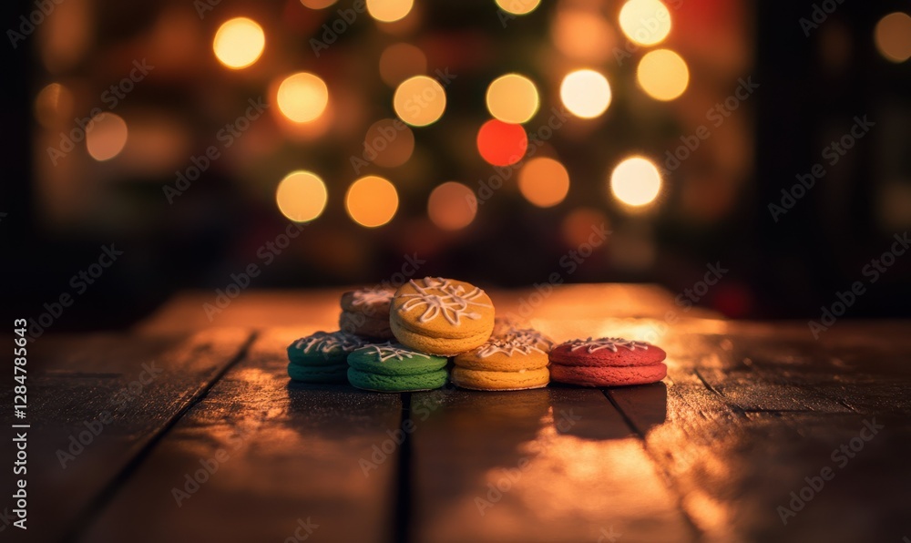Poster artistic composition of colorful holiday cookies placed neatly on a wooden surface illuminated by wa