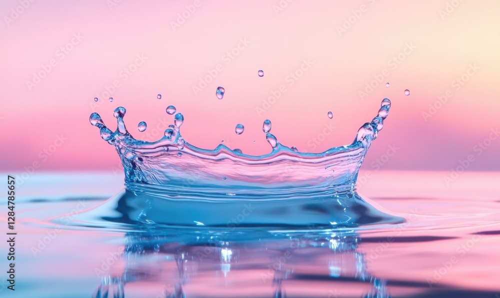 Poster artistic splash of vibrant pink and blue liquid captured mid-motion, dynamic gradients and reflectio