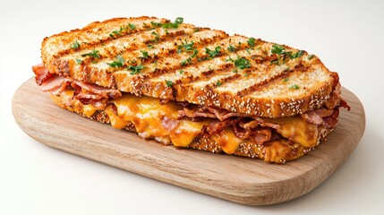 Grilled cheese and bacon sandwich on wooden board